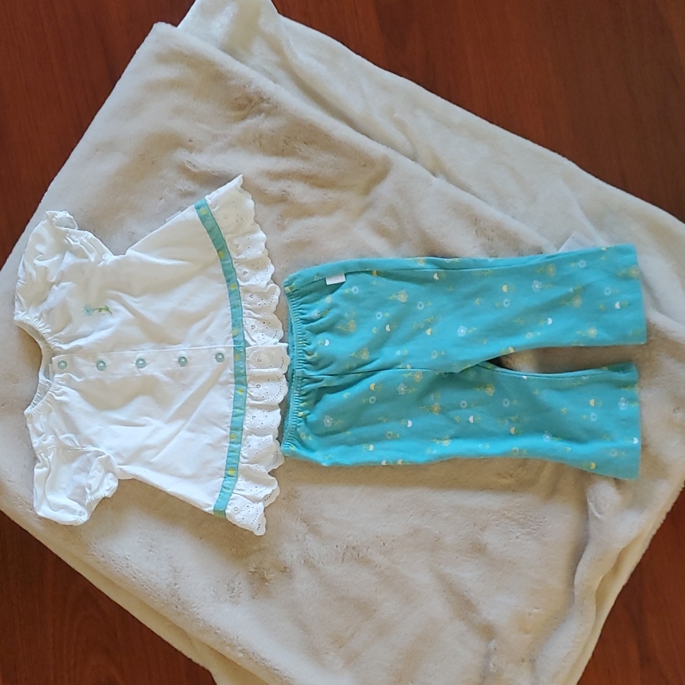 2 piece white top, blue pants. Beautiful detailing. 9-12 months